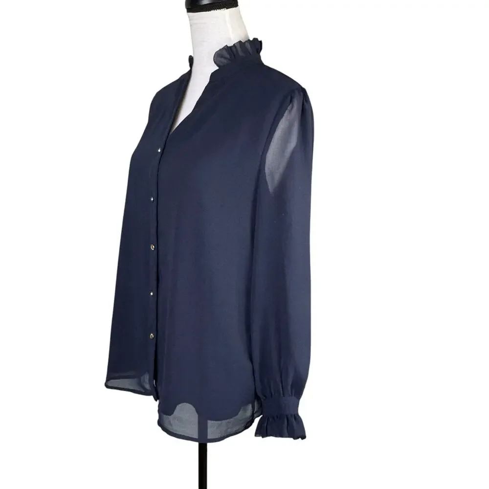 Carmen Marc Valvo Navy Sheer Chiffon Long Sleeve Button Up Business Blouse - Picture 4 of 13